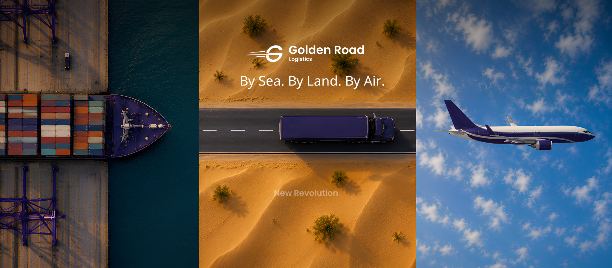 Container ship, logistics truck, and cargo aircraft representing sea, land, and air freight