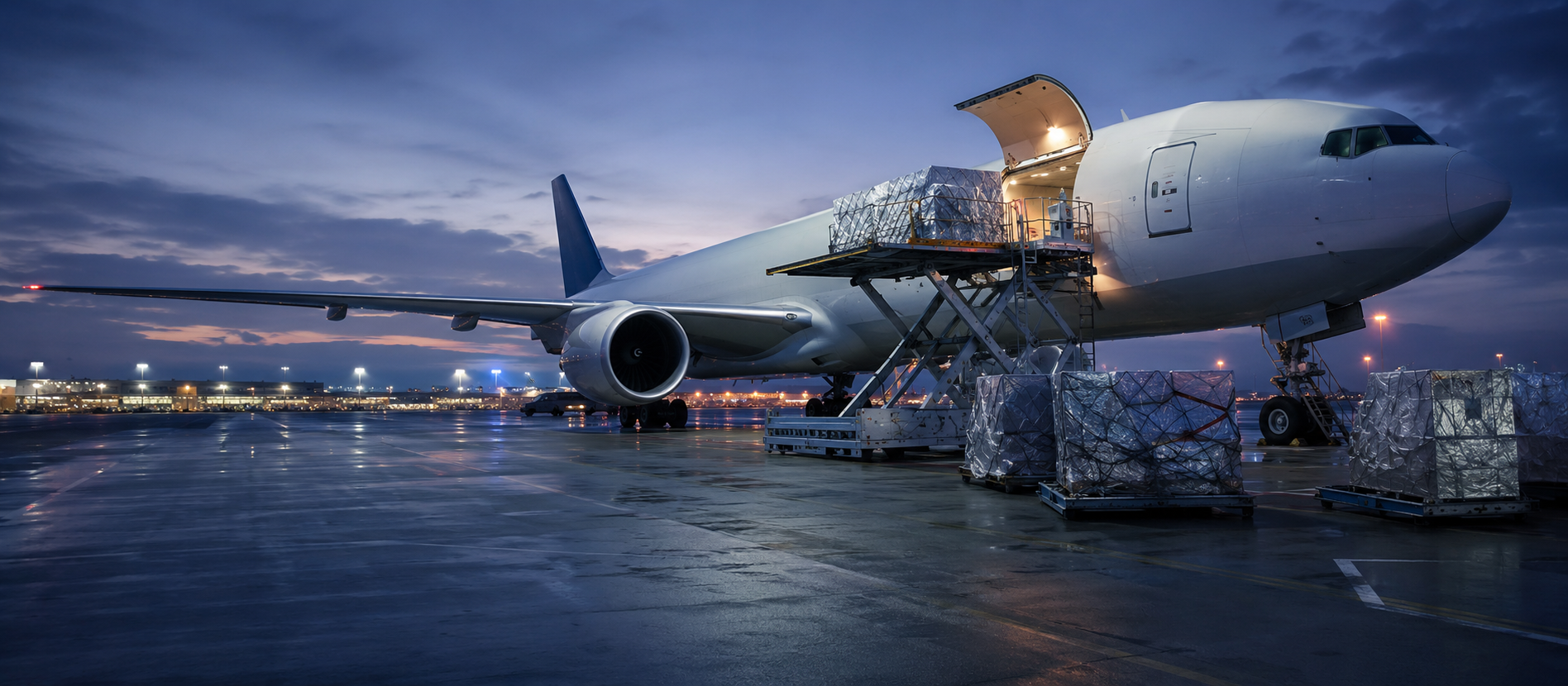 Cargo aircraft being loaded with organized air-freight pallets at dawn