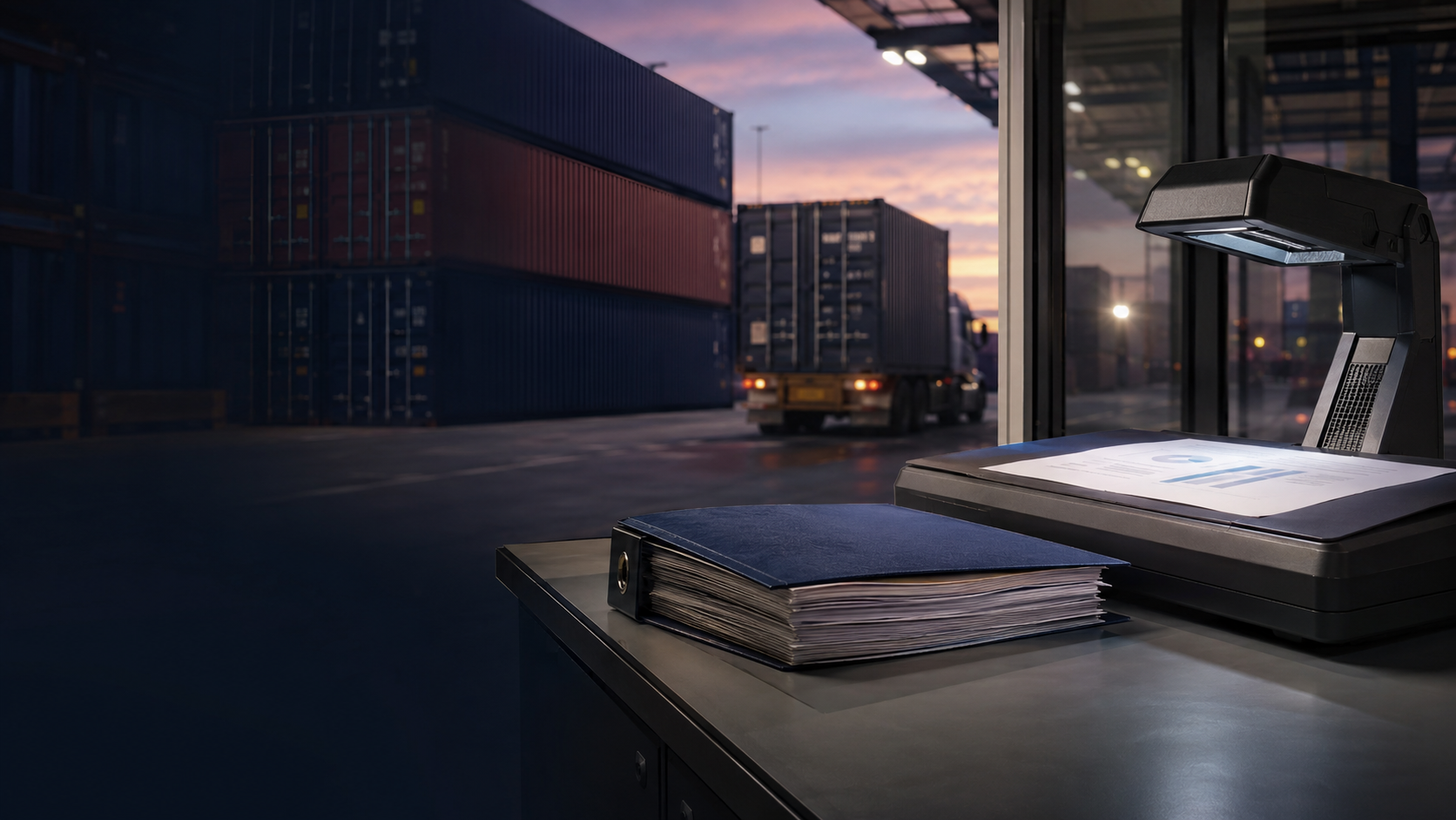 Customs documentation desk overlooking an international freight terminal