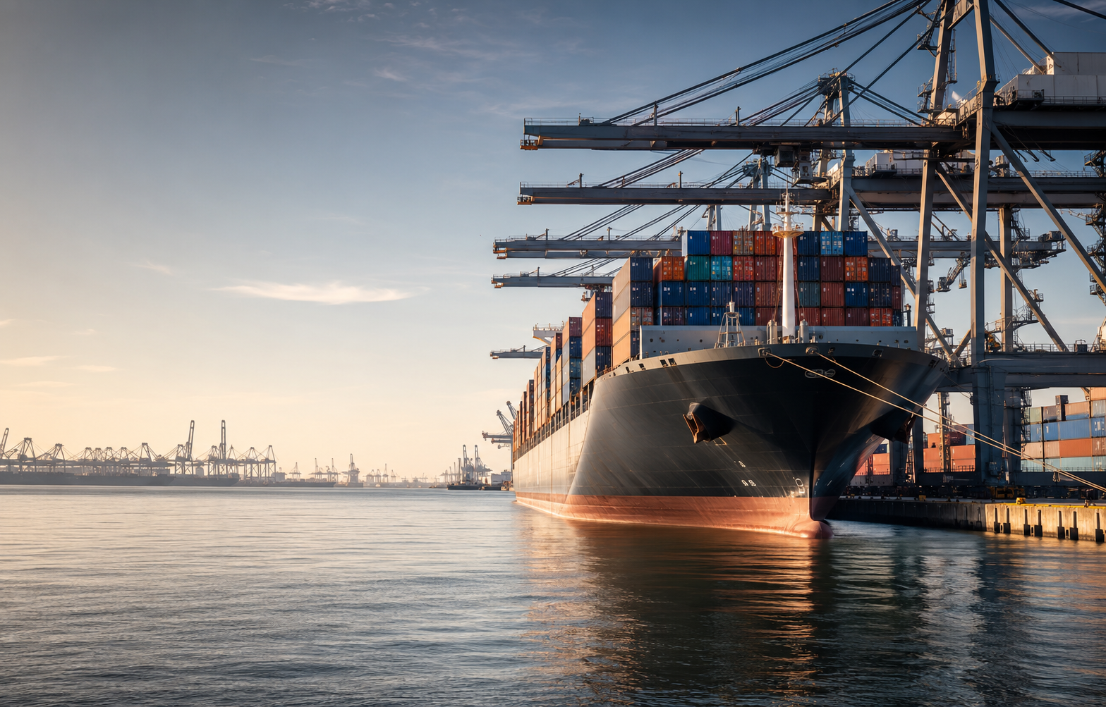 Container vessel and port cranes at an international freight terminal