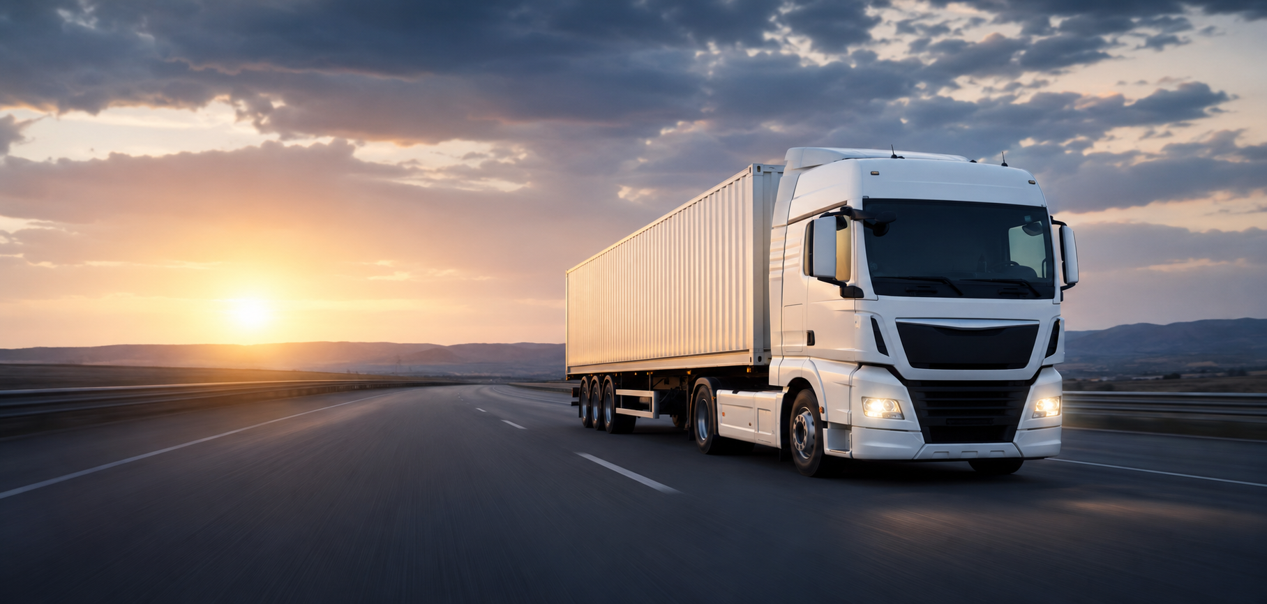 Modern container truck travelling on a highway at sunrise