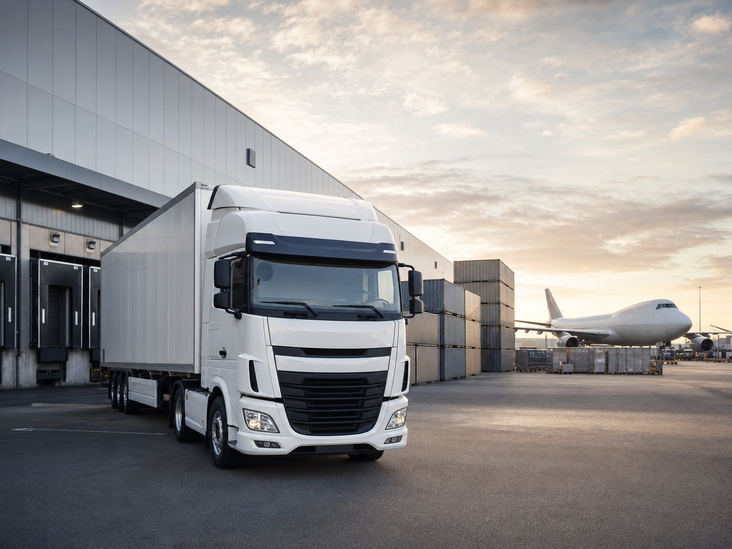 Intermodal logistics operation with truck, cargo aircraft, warehouse, and containers