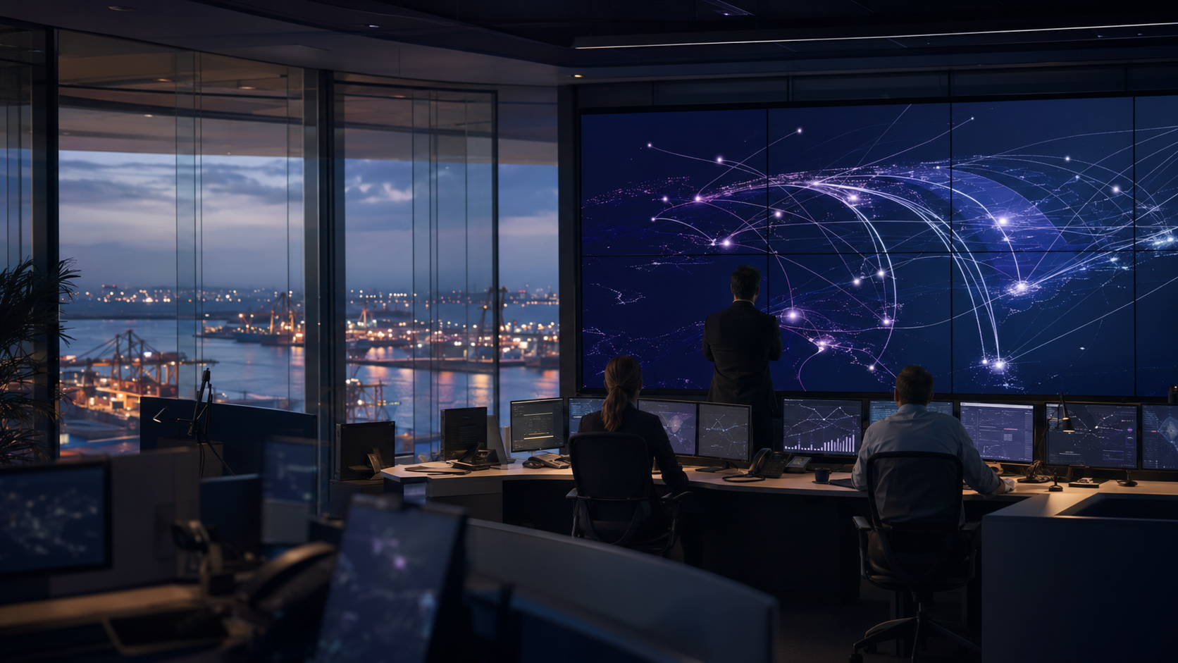 Global supply-chain control tower monitoring connected freight routes