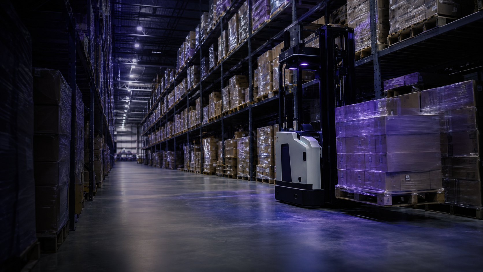 Modern high-bay warehouse with organized pallets and an autonomous forklift